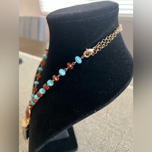 Boho enamel pendant chain necklace, turquoise&brown fashion statement,faux - Picture 6 of 9